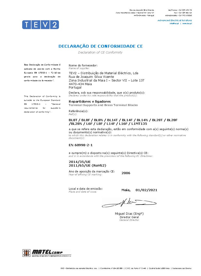 Certificado ligadores BL/L