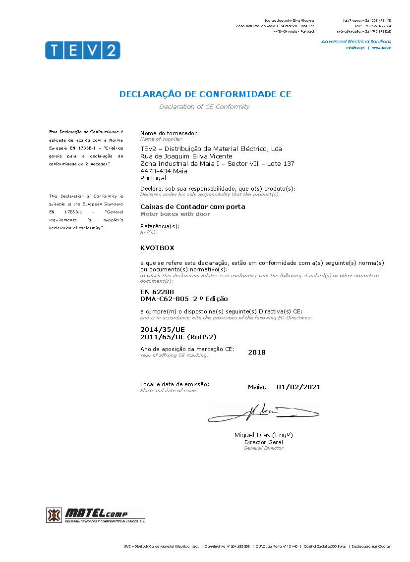 Certificado caixas contador energia KVOTBOX